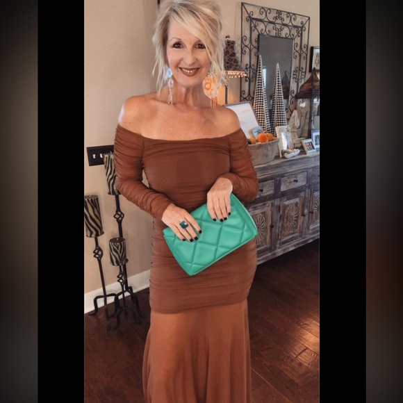 Elegant Brown Off-Shoulder Mesh Dress - Picture 3 of 16